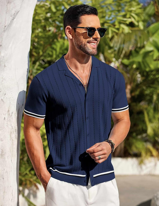 Men's Vintage Style Navy Blue Short Sleeve Shirt