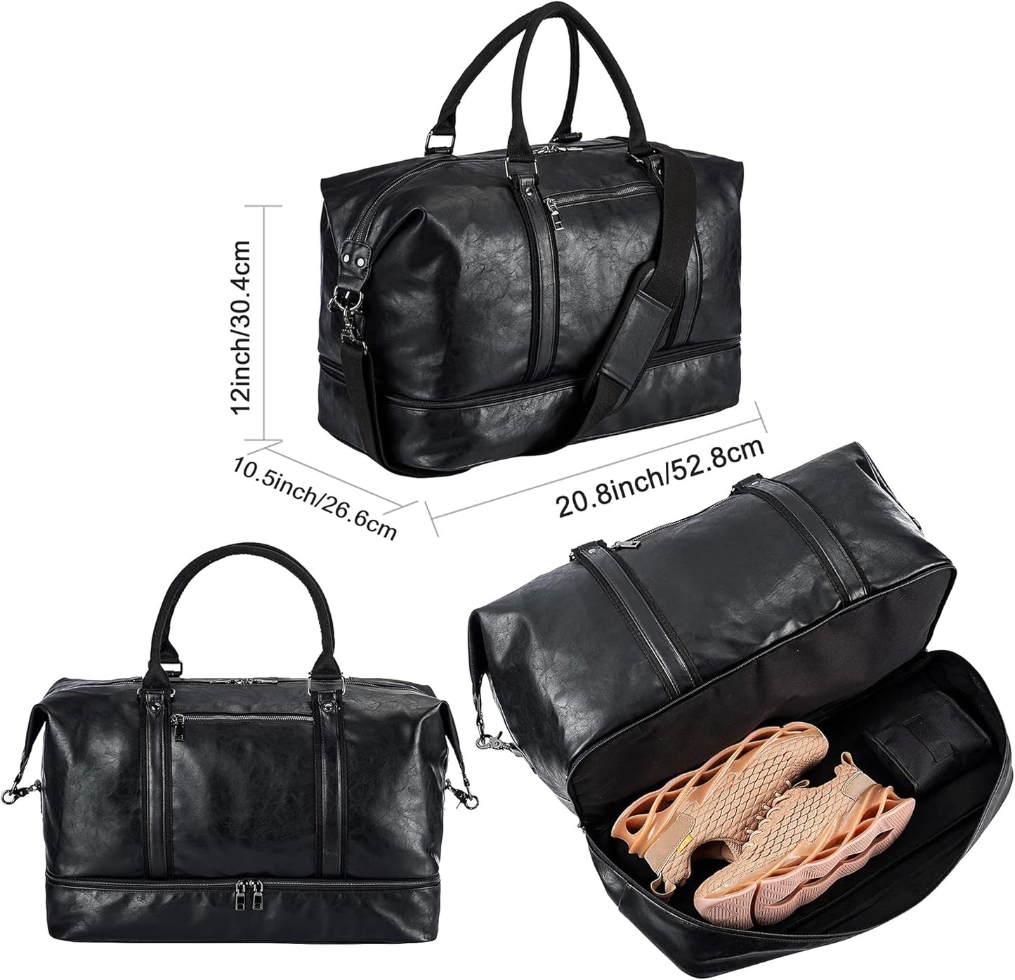 Black Leather Top Handle Carry On Duffle Bag