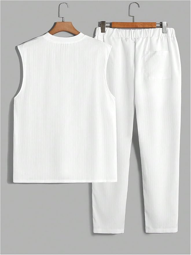 Men's White Sleeveless Shirt & Pants Set