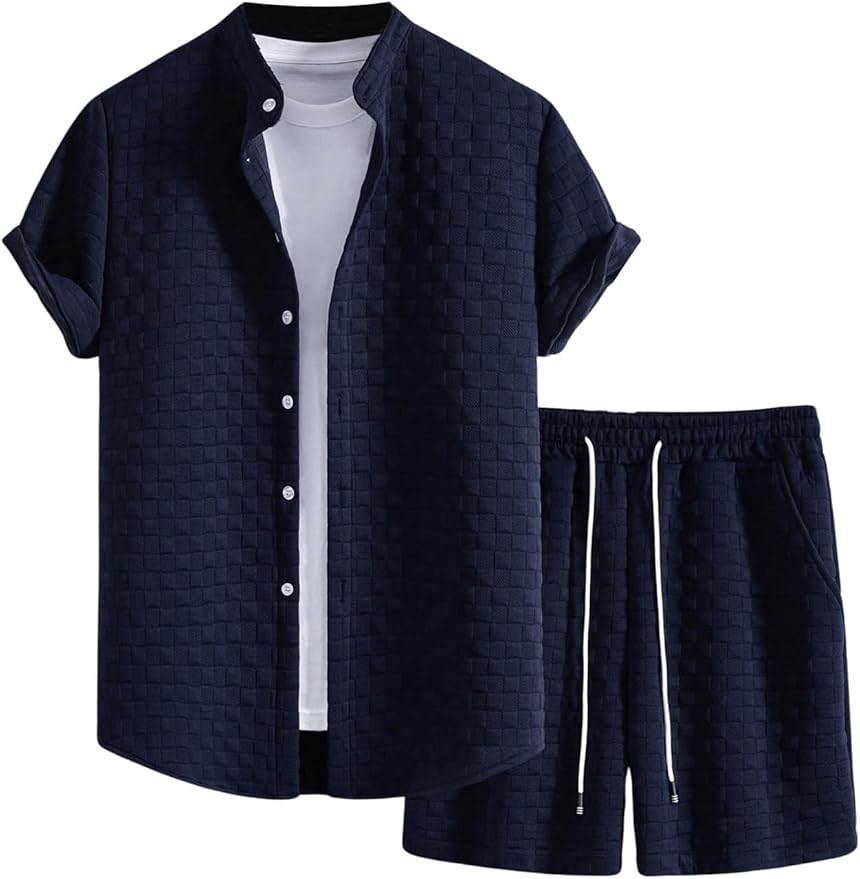 Men's Blue Checkered Embossed Shirt & Shorts Set