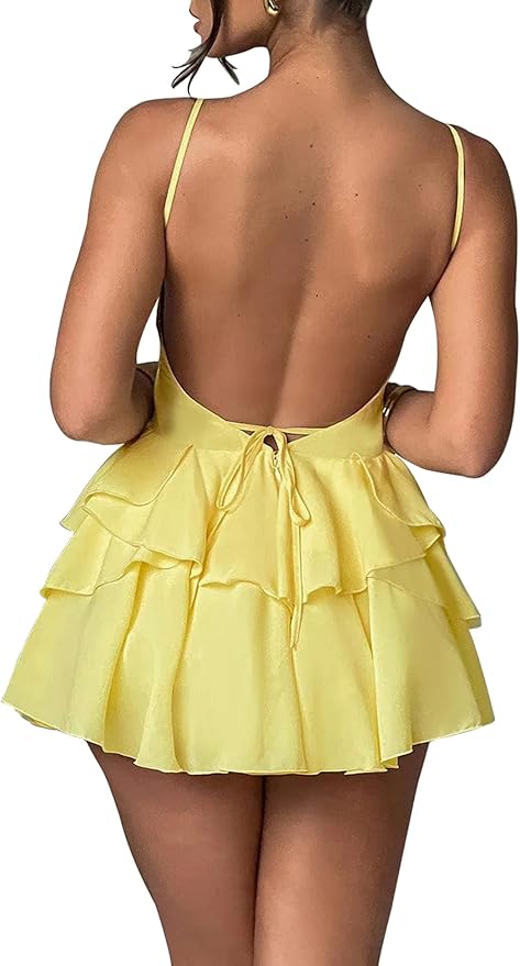 Chiffon Yellow Halter Backless Ruffled Mini Dress