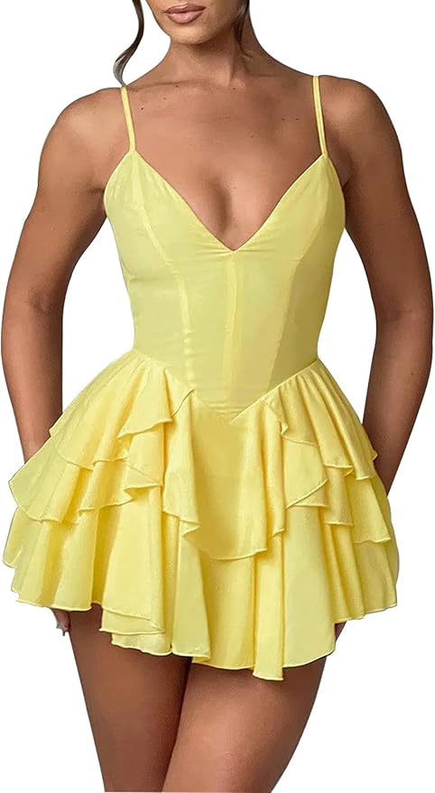 Chiffon Yellow Halter Backless Ruffled Mini Dress