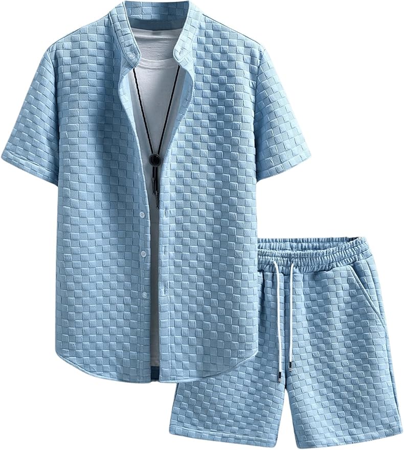 Men's Blue Checkered Embossed Shirt & Shorts Set