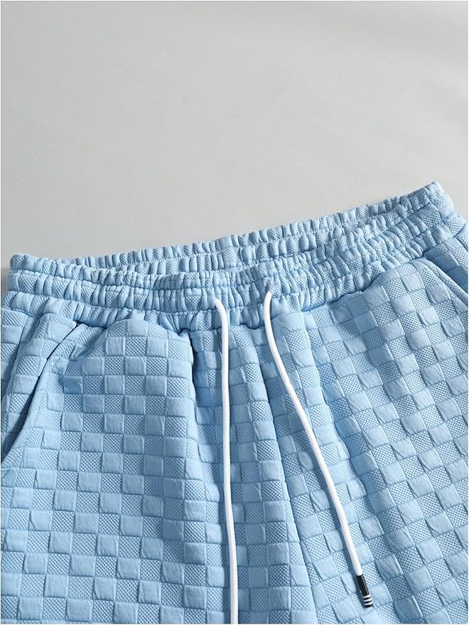 Men's Blue Checkered Embossed Shirt & Shorts Set