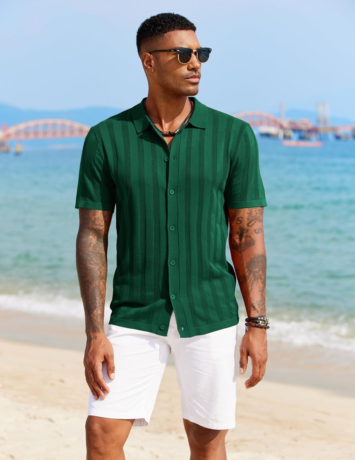 Men's Vintage Style Green Polo Striped Shirt