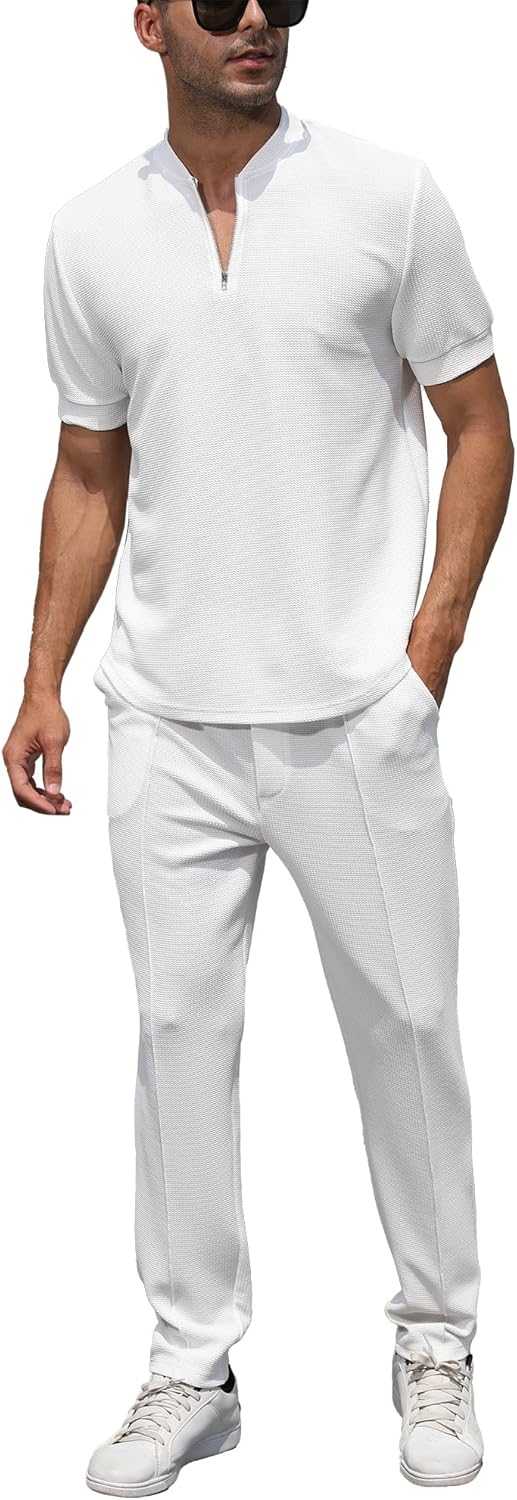 Men's White Vacation Style Short Sleeve 2pc Set