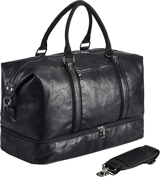 Black Leather Top Handle Carry On Duffle Bag