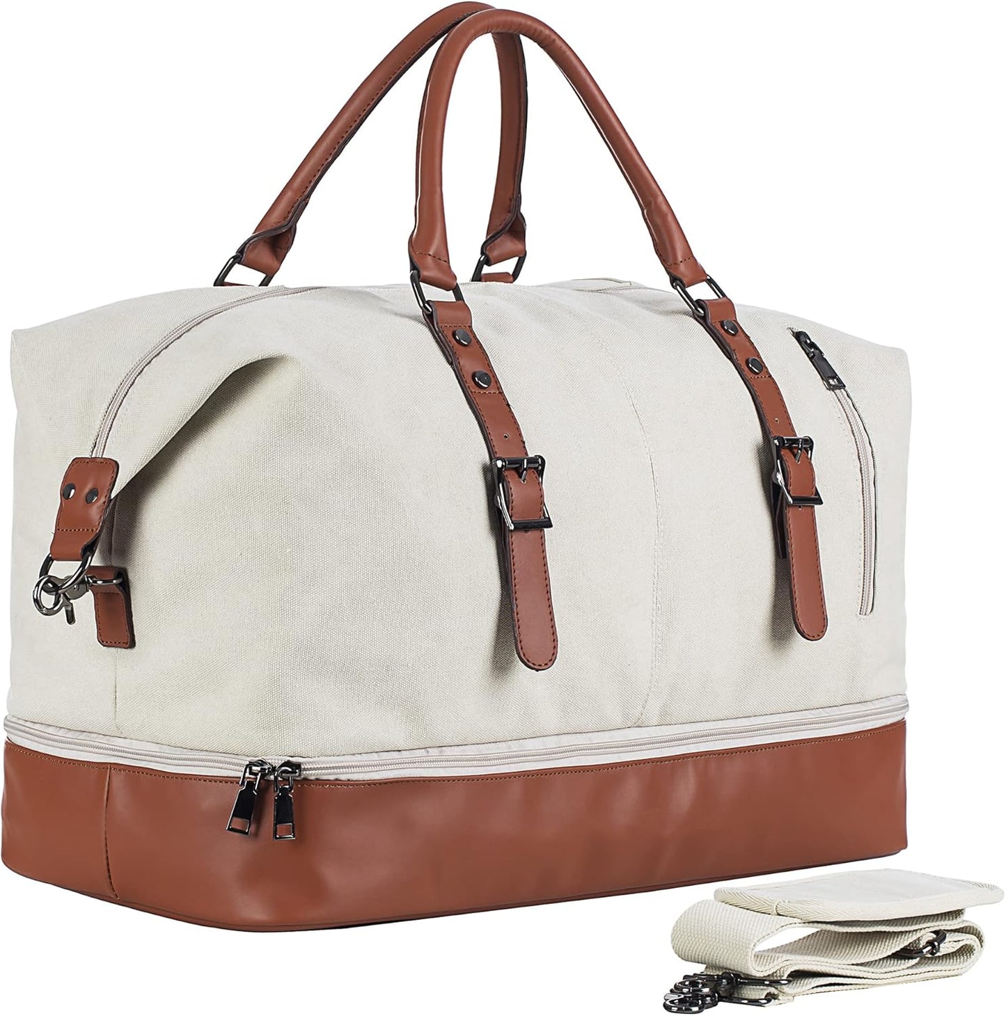 Cream White Leather Top Handle Carry On Duffle Bag