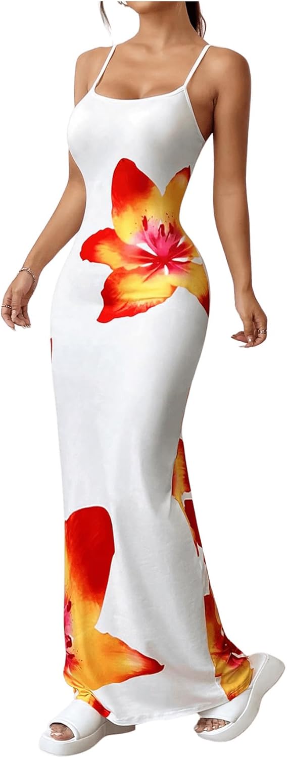 White Floral Stretchy Vacation Maxi Dress