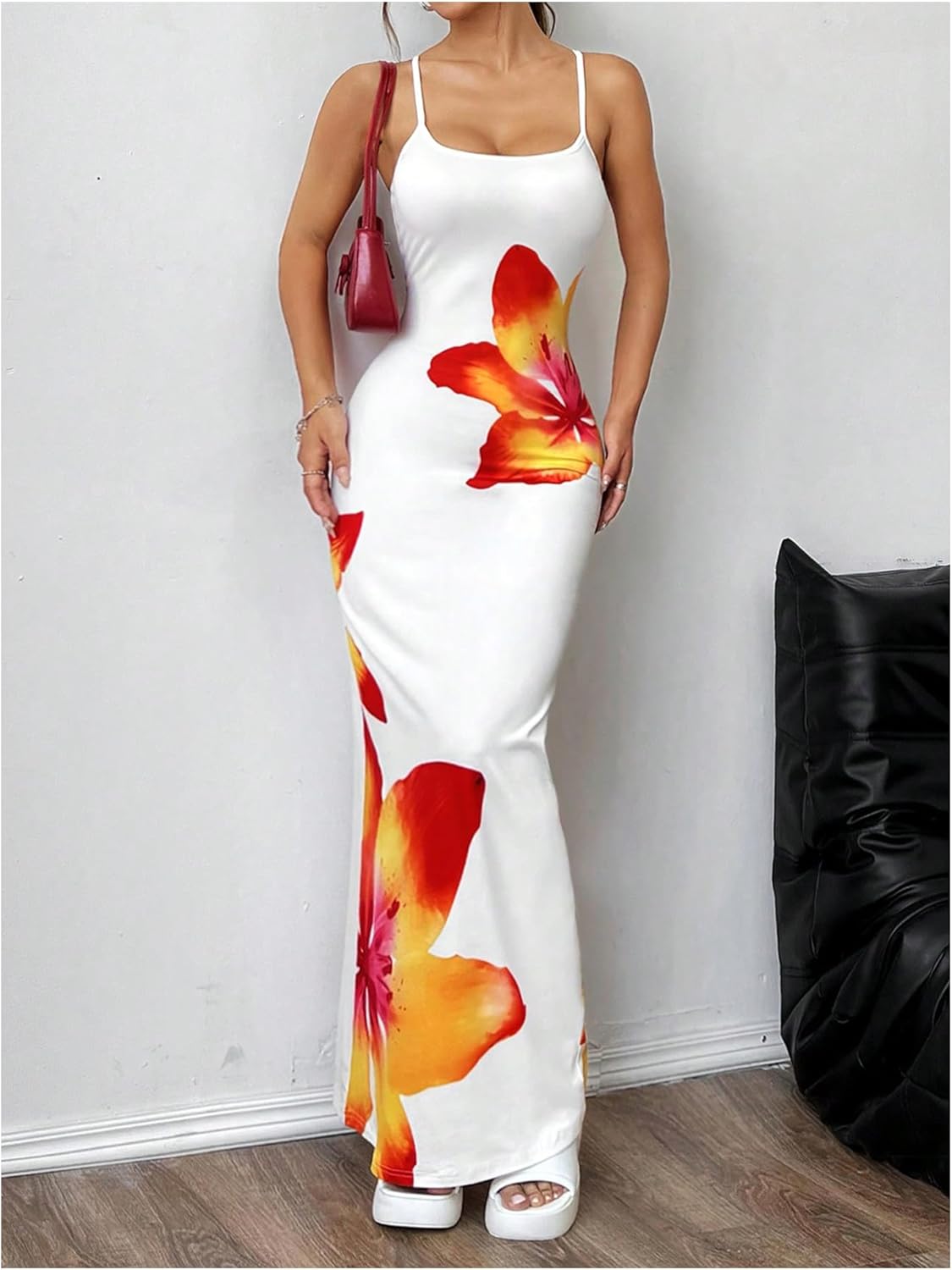 White Floral Stretchy Vacation Maxi Dress