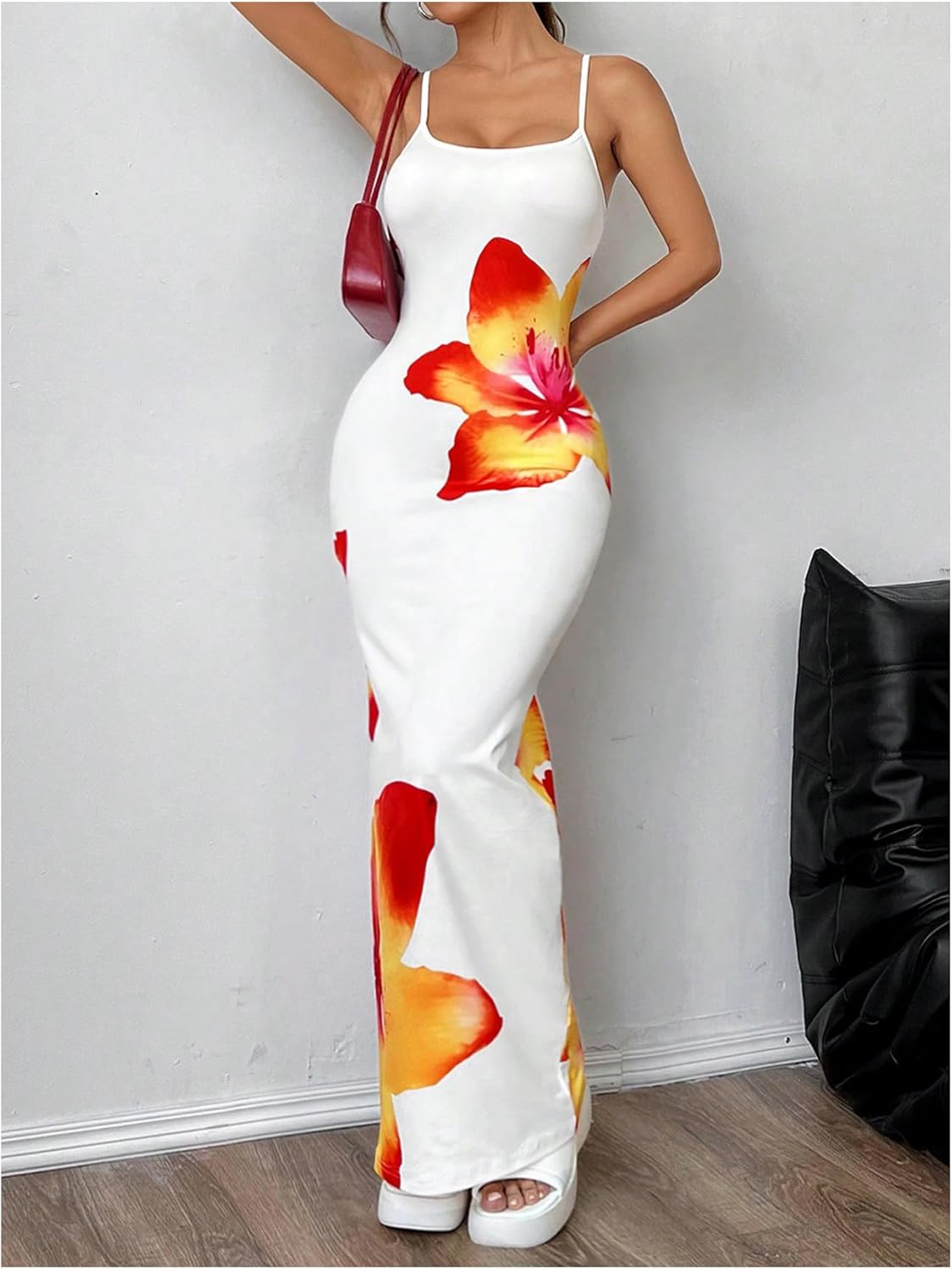 White Floral Stretchy Vacation Maxi Dress