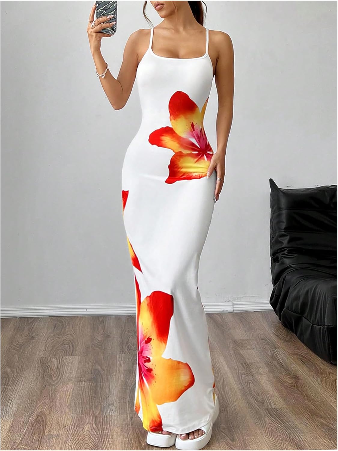 White Floral Stretchy Vacation Maxi Dress