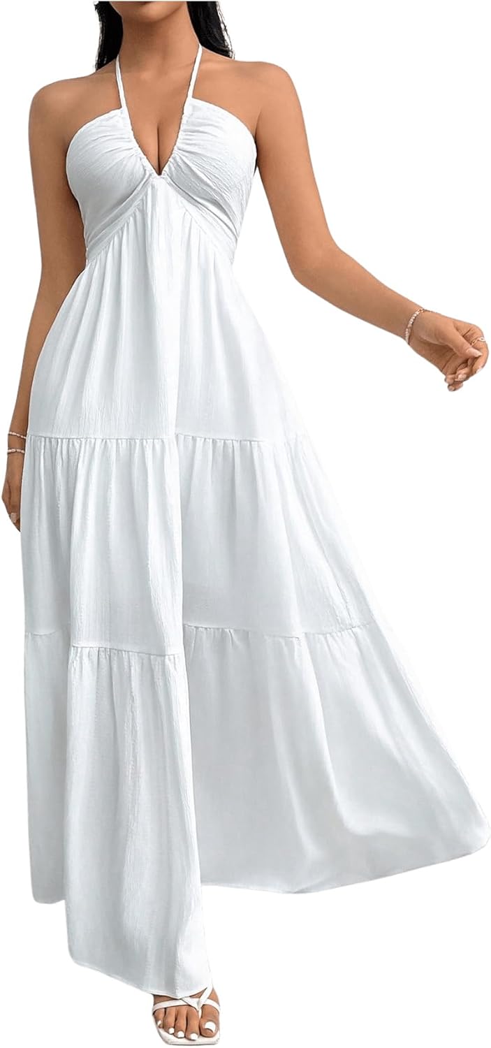 Vacation Style White Halter Tiered Maxi Dres