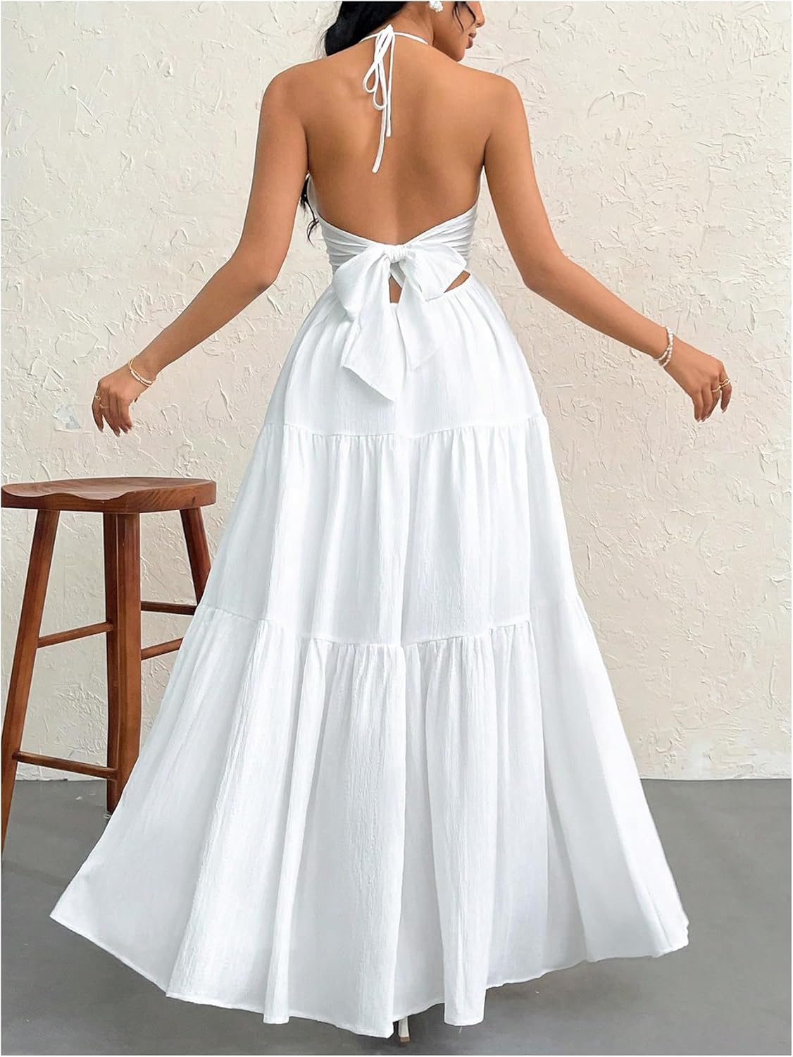 Vacation Style White Halter Tiered Maxi Dres