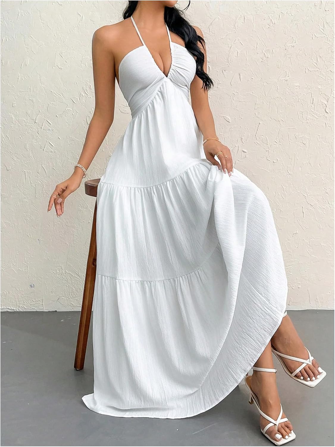 Vacation Style White Halter Tiered Maxi Dres