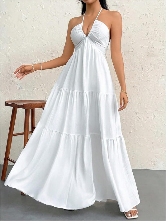 Vacation Style White Halter Tiered Maxi Dres