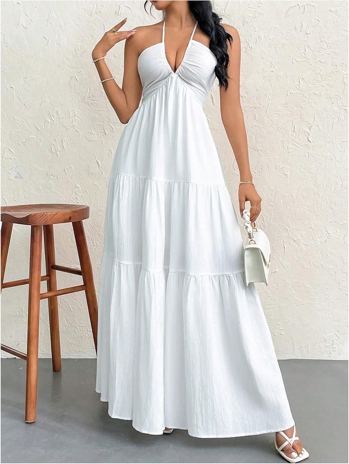 Vacation Style White Halter Tiered Maxi Dres