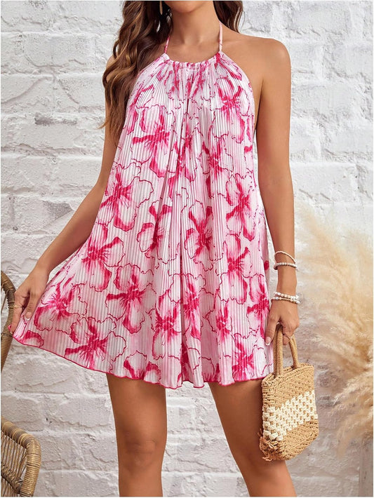 Pink Floral Pleated Halter Backless Dress