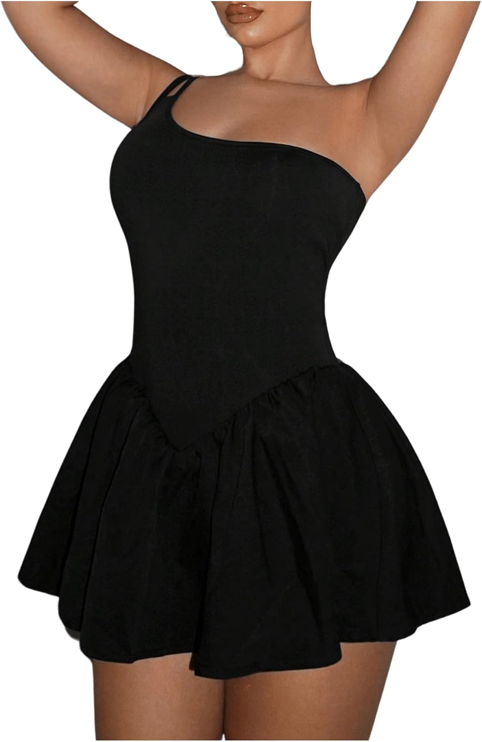 Black One Shoulder Flare Mini Dress