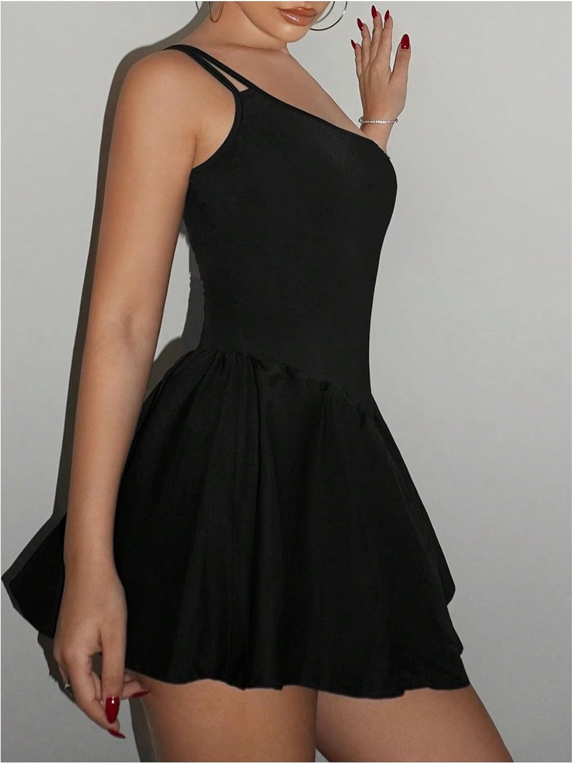 Black One Shoulder Flare Mini Dress