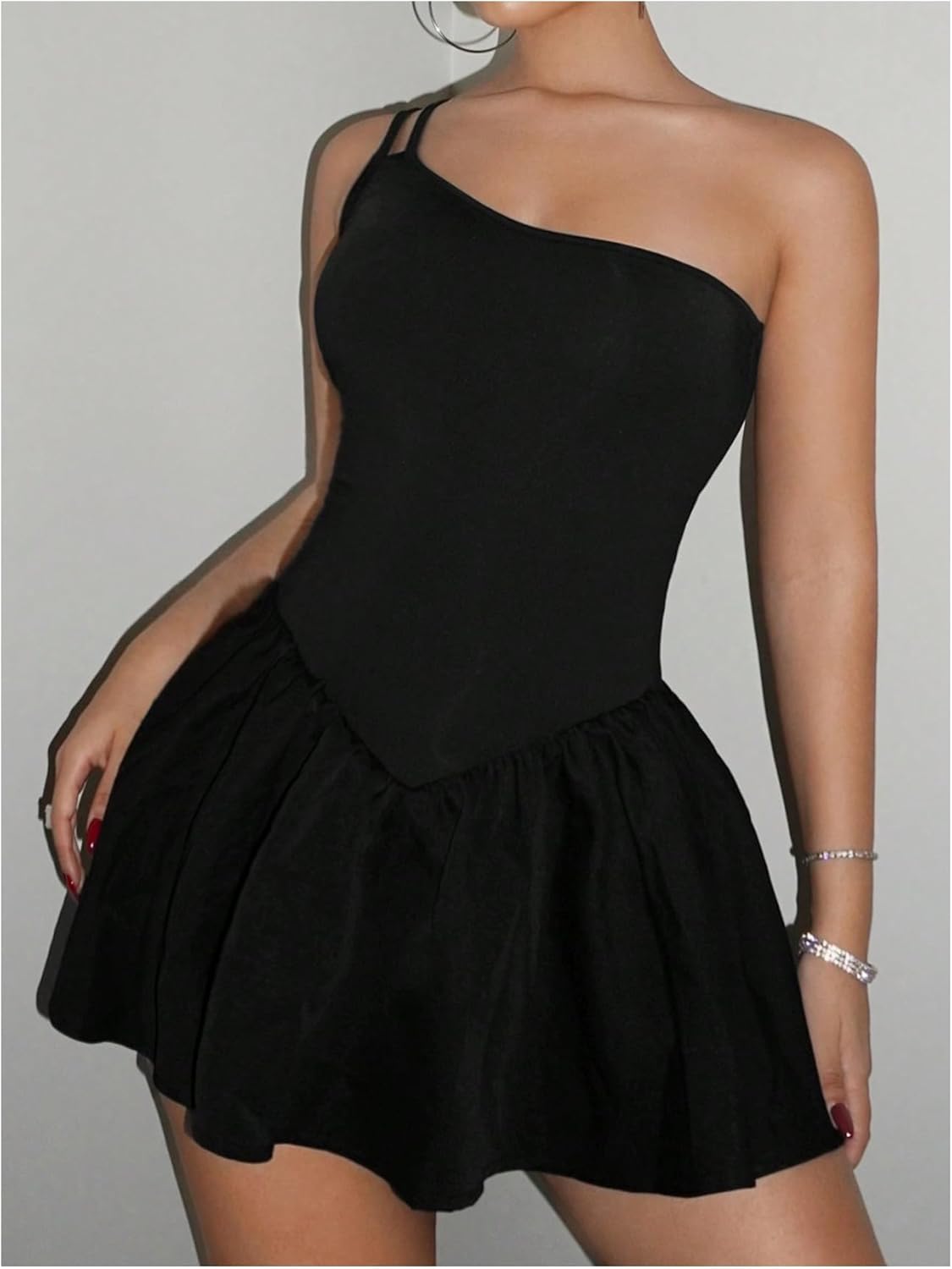 Black One Shoulder Flare Mini Dress