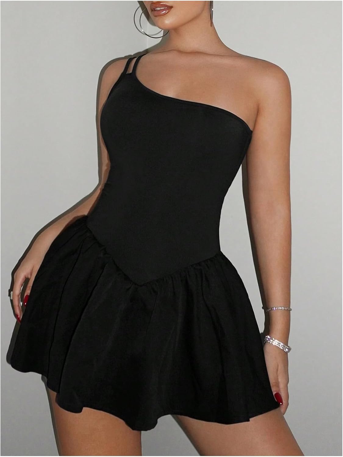 Black One Shoulder Flare Mini Dress