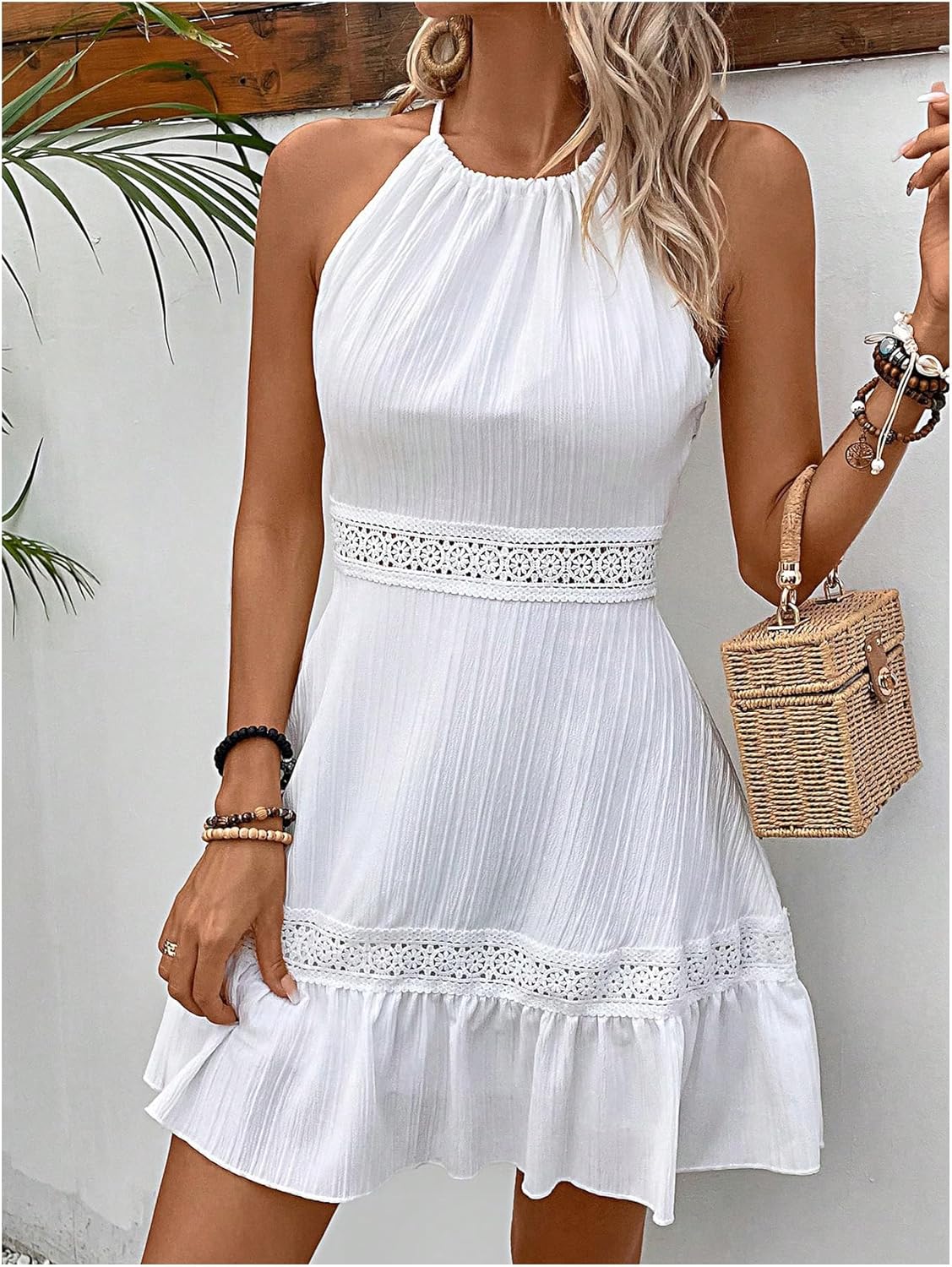 Pretty White Halter Ruffle Mini Dress