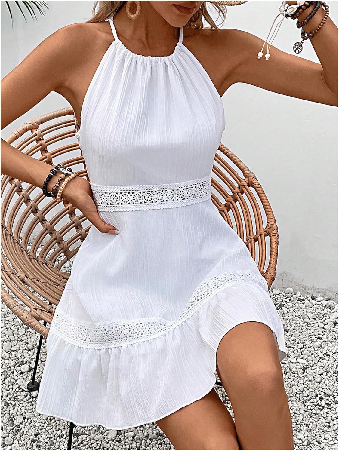 Pretty White Halter Ruffle Mini Dress