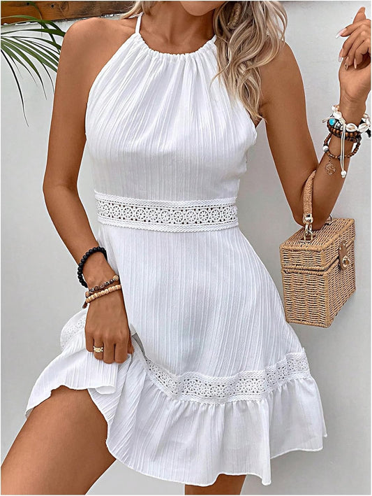 Pretty White Halter Ruffle Mini Dress